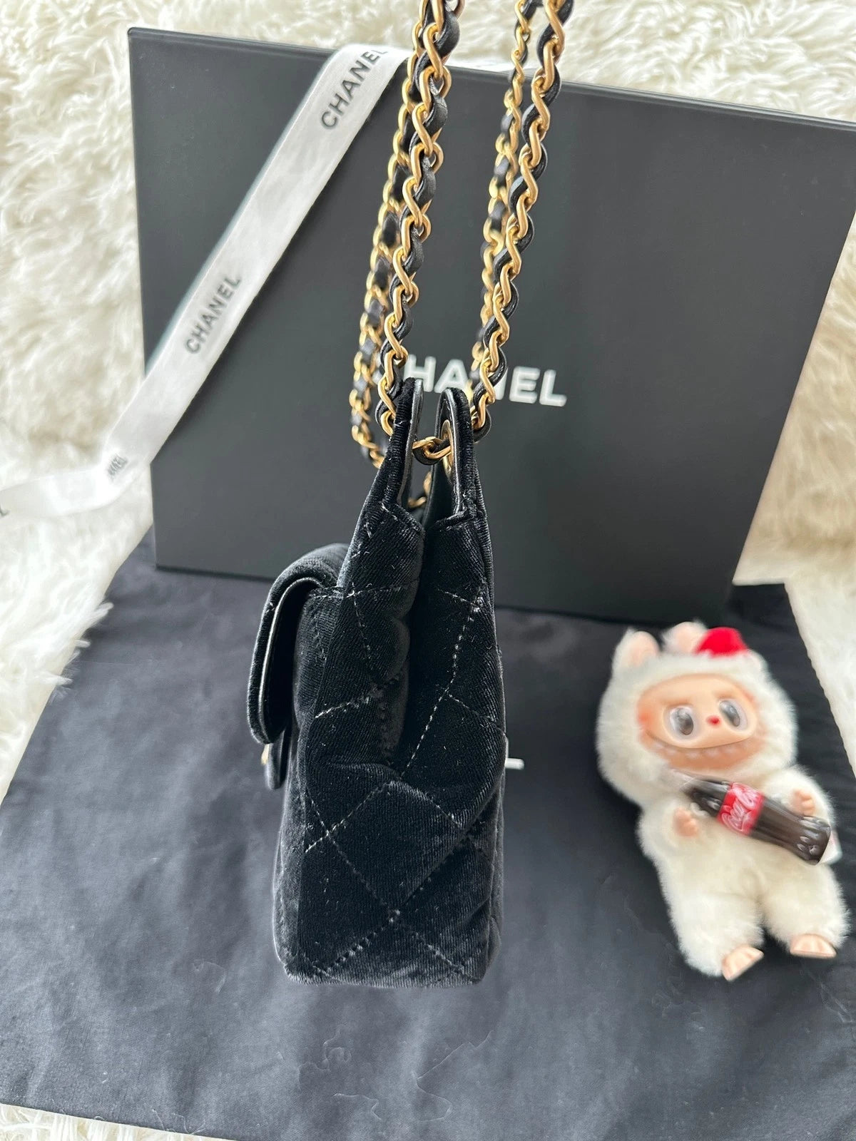 CHANEL Small Black Gold Velvet Shoulder Bag For Women