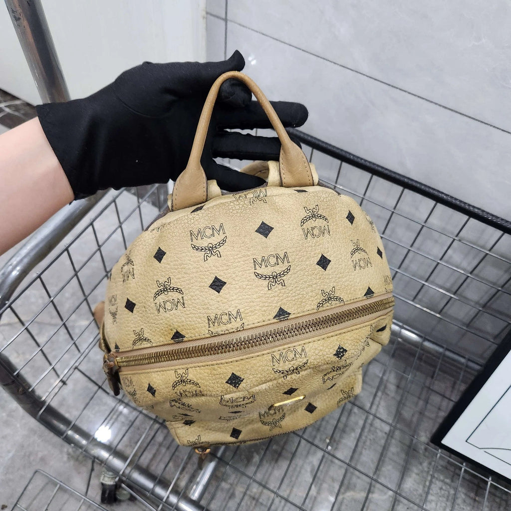 MCM Beige Monogram Studded Backpack For Women