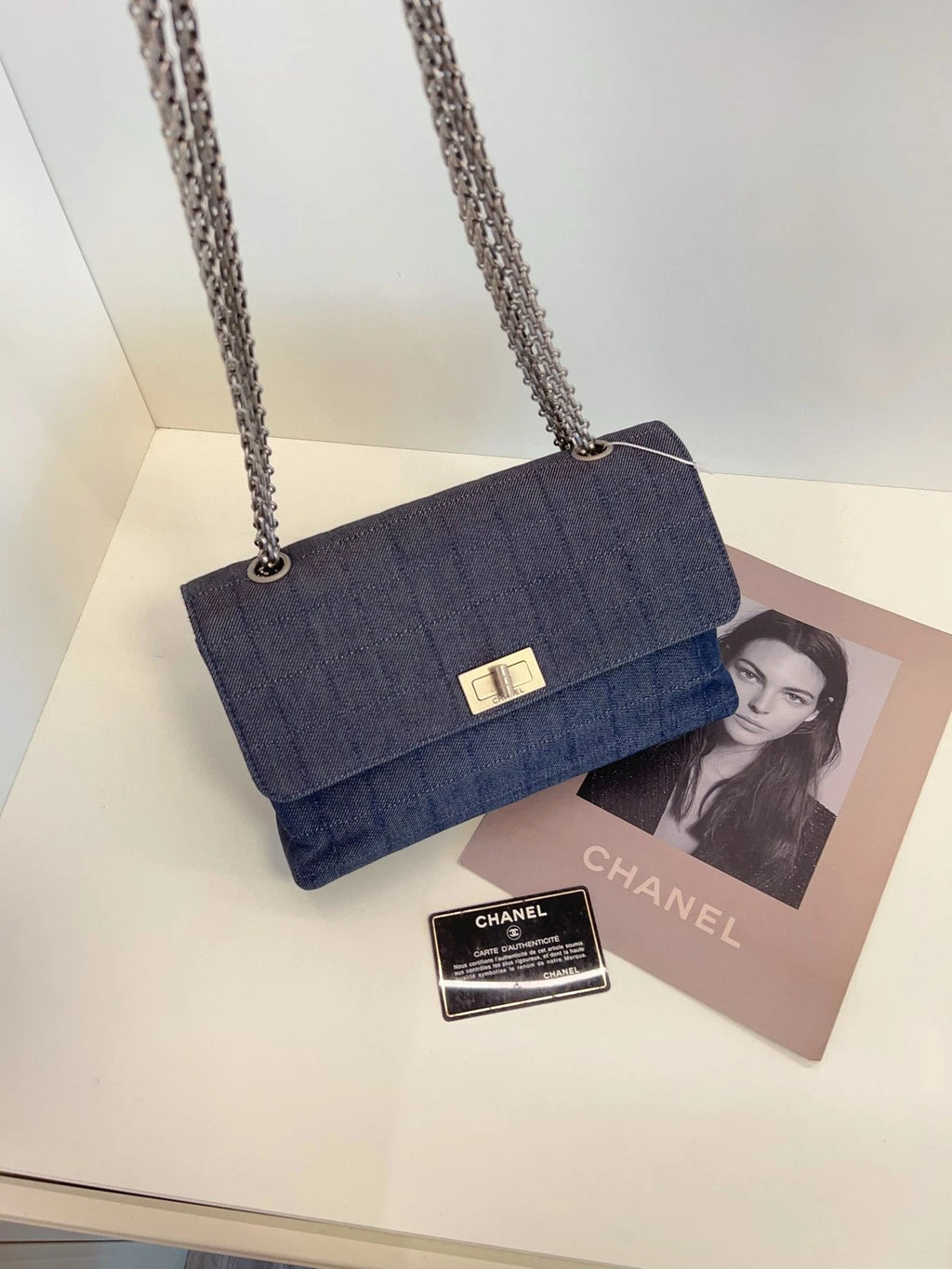 CHANEL Grey-blue Denim 2.55 Flap Chain Shoulder Bag For Women
