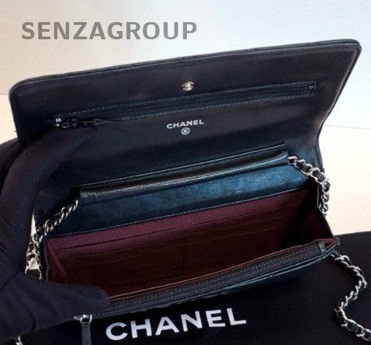 Chanel WOC Chain Lambskin Diamond Shoulder Bag Black Silver Used Women Classic