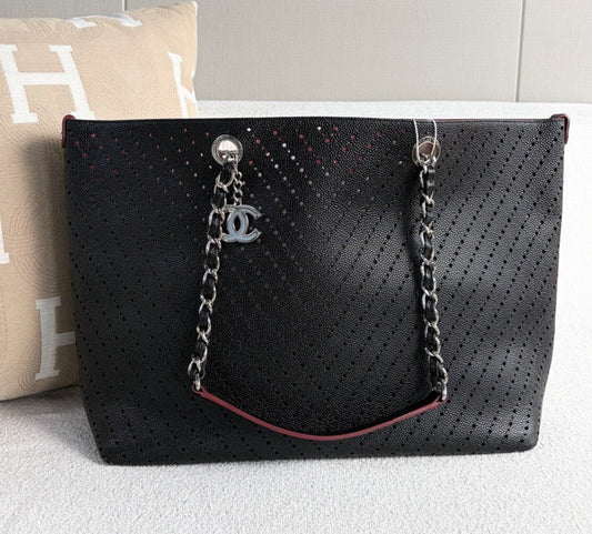 Chanel Shopping Tote Chain Shoulder Bag Black Silver Used Women Classic Fashion