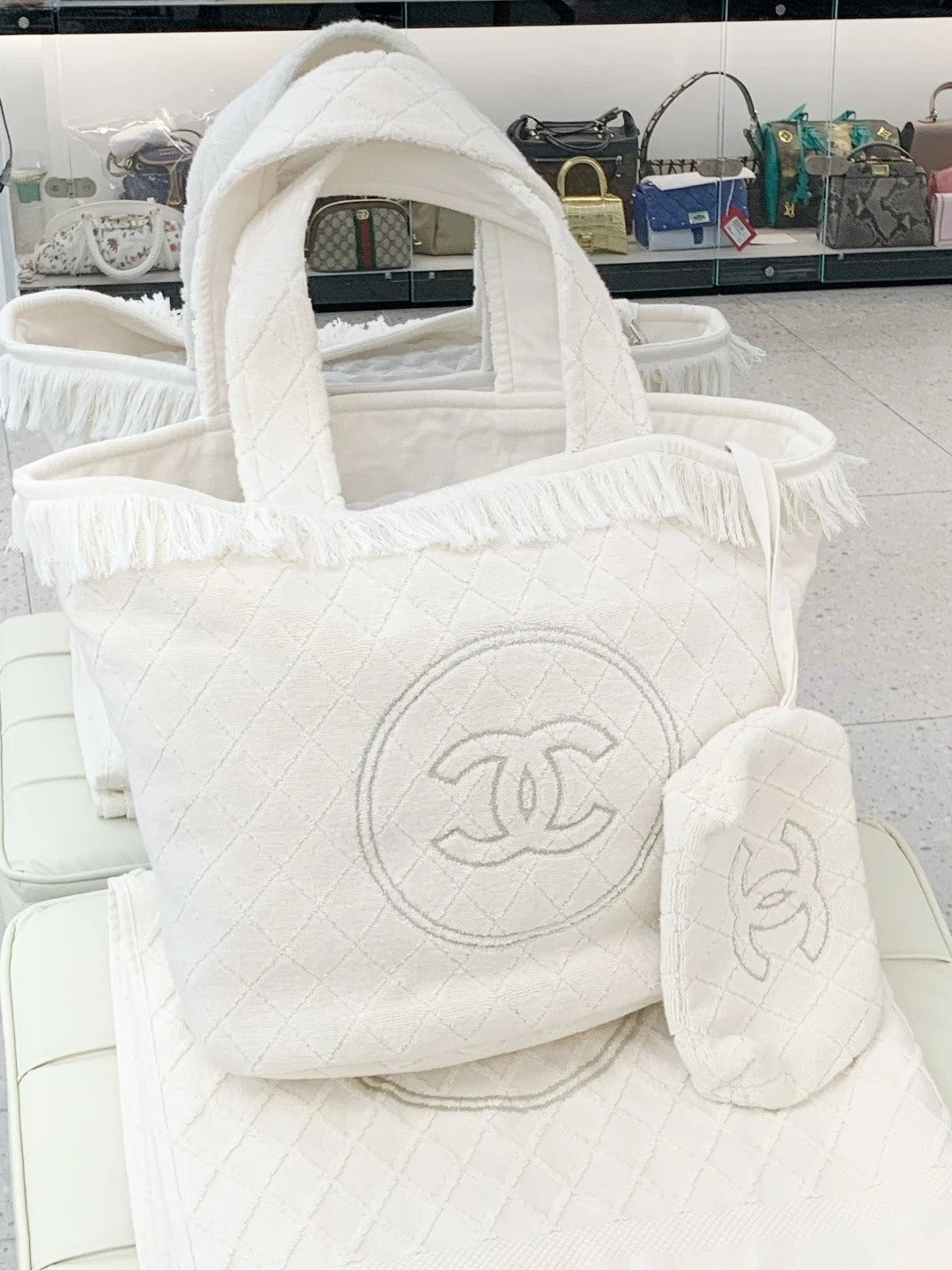 Chanel Coco Beach Tote Top Handle Shoulder Bag White Women Classic S