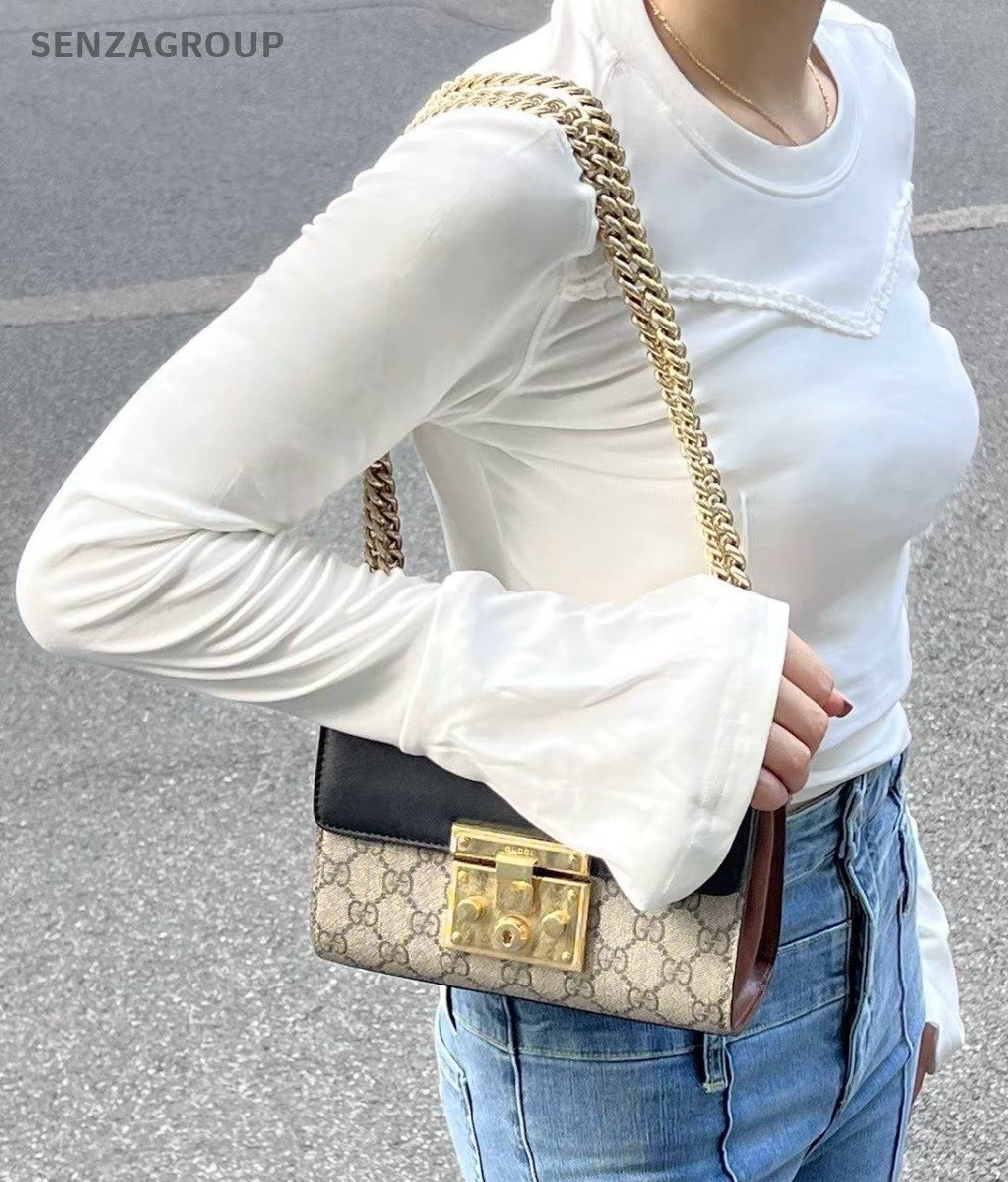GUCCI Padlock GG Monogram Chain Strap Shoulder bag Crossbody Women Black