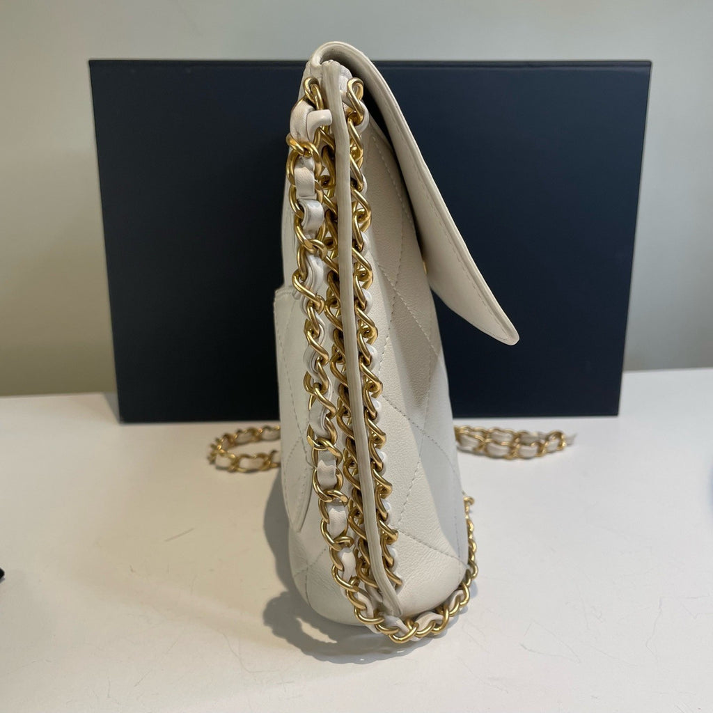 Chanel Diamond Chain Hobo Bag Calfskin Shoulder Bag White Gold Women Classic