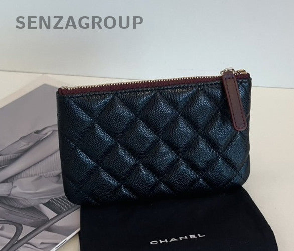 Chanel Classic Flap Calfskin Leather Zipper Wallet Black Gold Women Designer