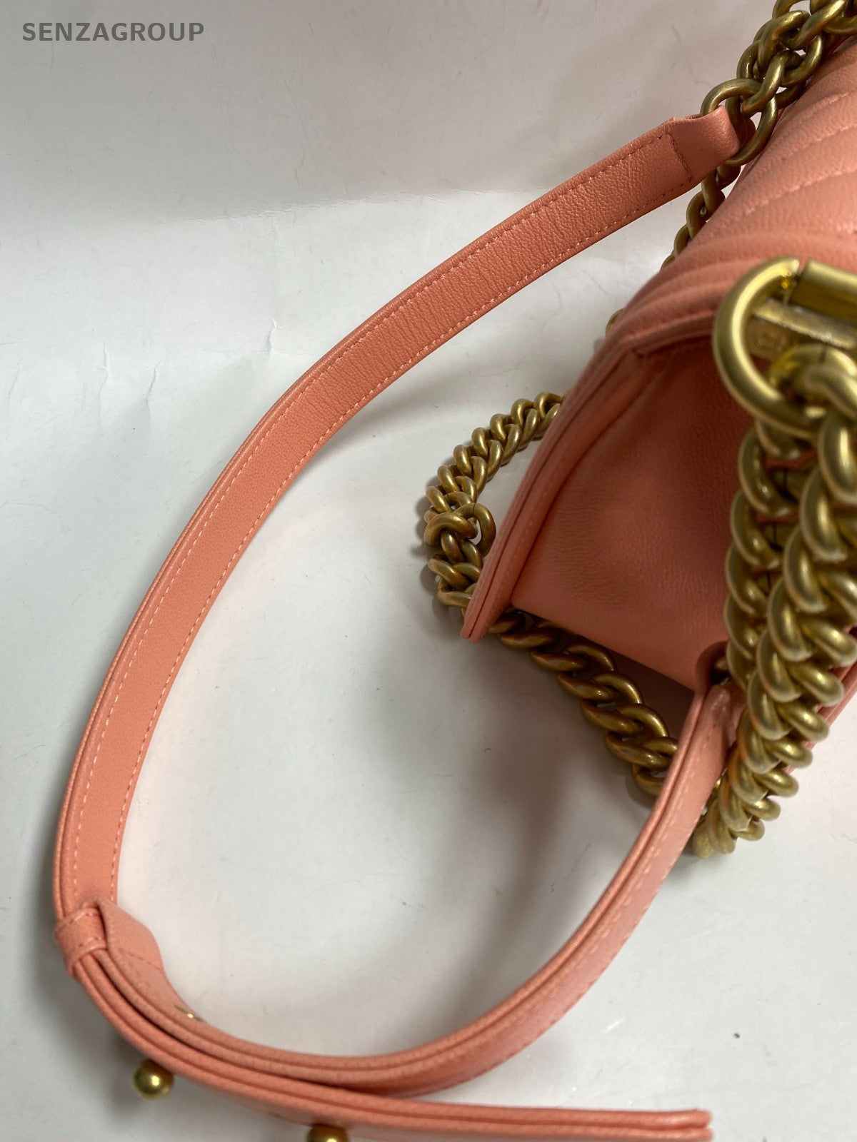 Chanel Leboy PM Chain Shoulder Bag Pink Gold Chevron Women Classic Fashion