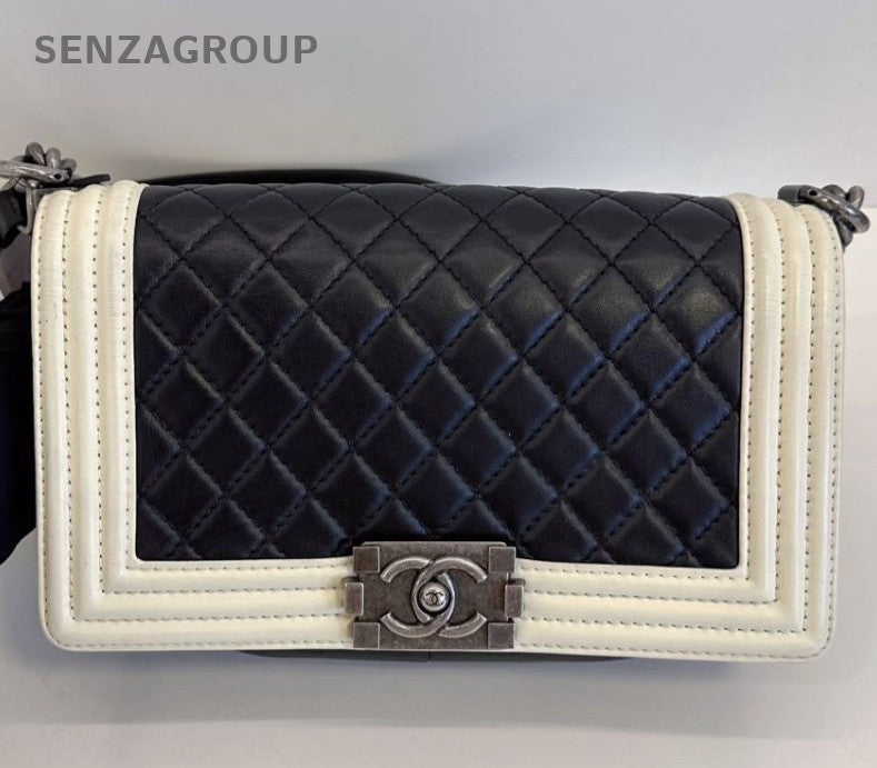 Chanel Leboy MM Lambskin Chain Shoulder Bag Black White Silver Women Classic