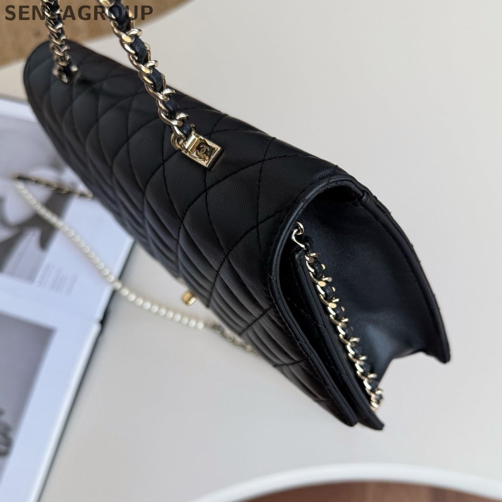 Chanel WOC Diamond Pearl Chain Shoulder Crossbody Black Gold Women Classic