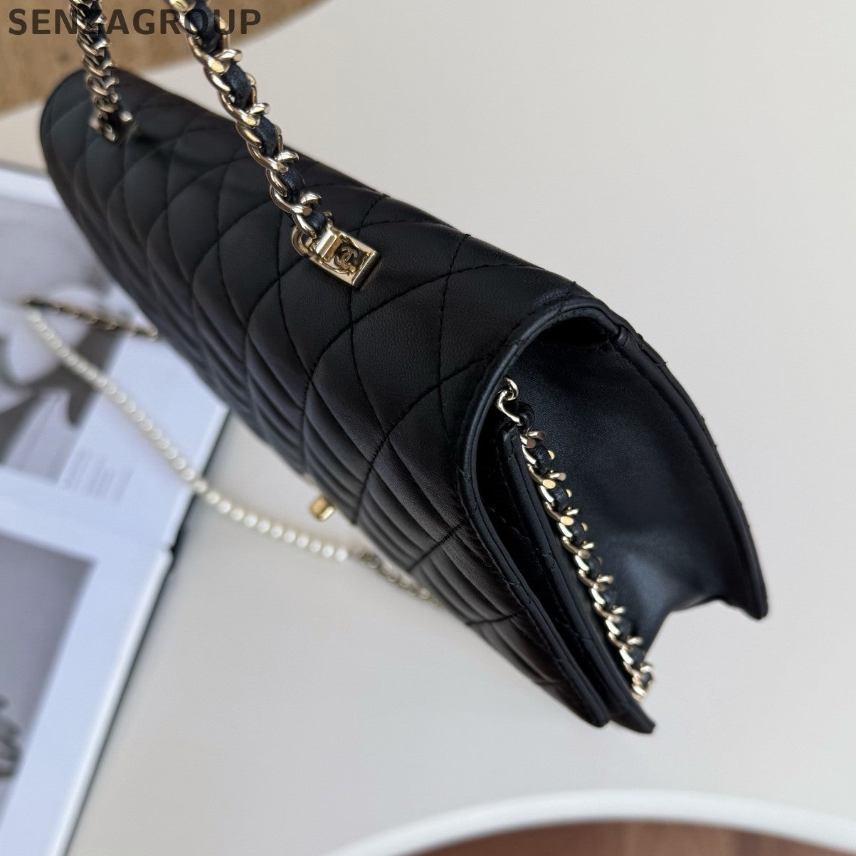 Chanel WOC Diamond Pearl Chain Shoulder Crossbody Black Gold Women Classic