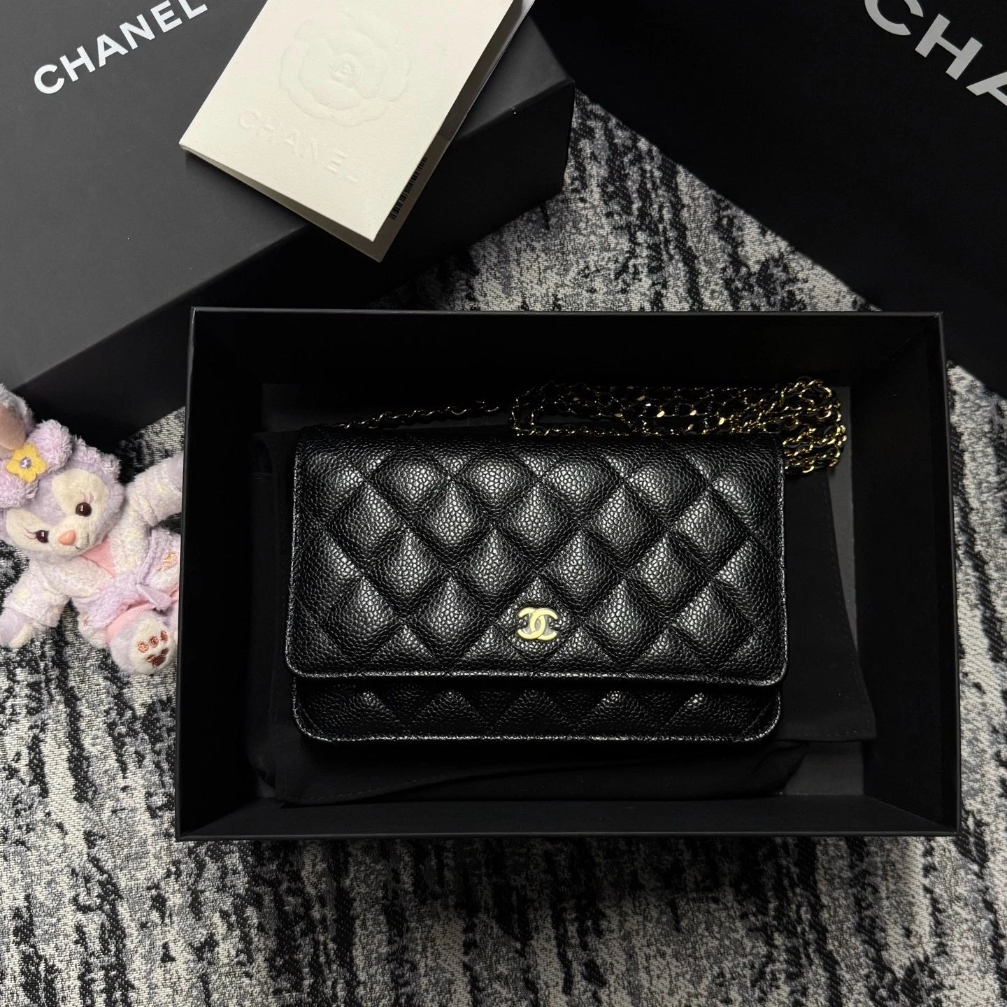 CHANEL Black Lamskin Gold 24 Chip WOC Crossbody Bag For Women