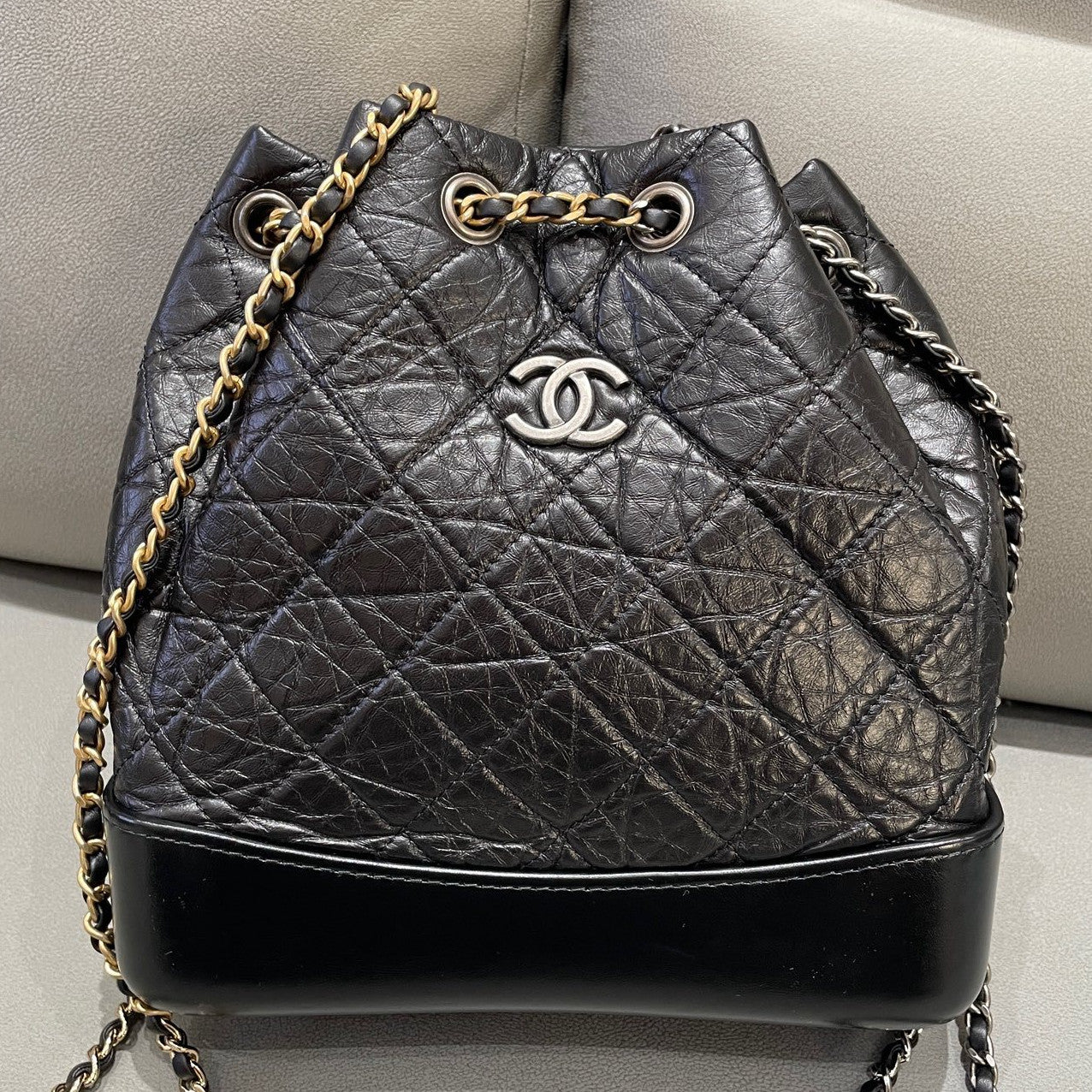 Chanel Gabrielle Backpack Quilted Black Gold Chain Women's Classic Fashion