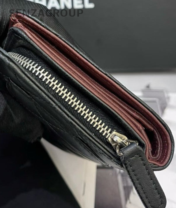 Chanel Lambskin Leather Diamond Pattern Long Wallet Black Silver Used Women