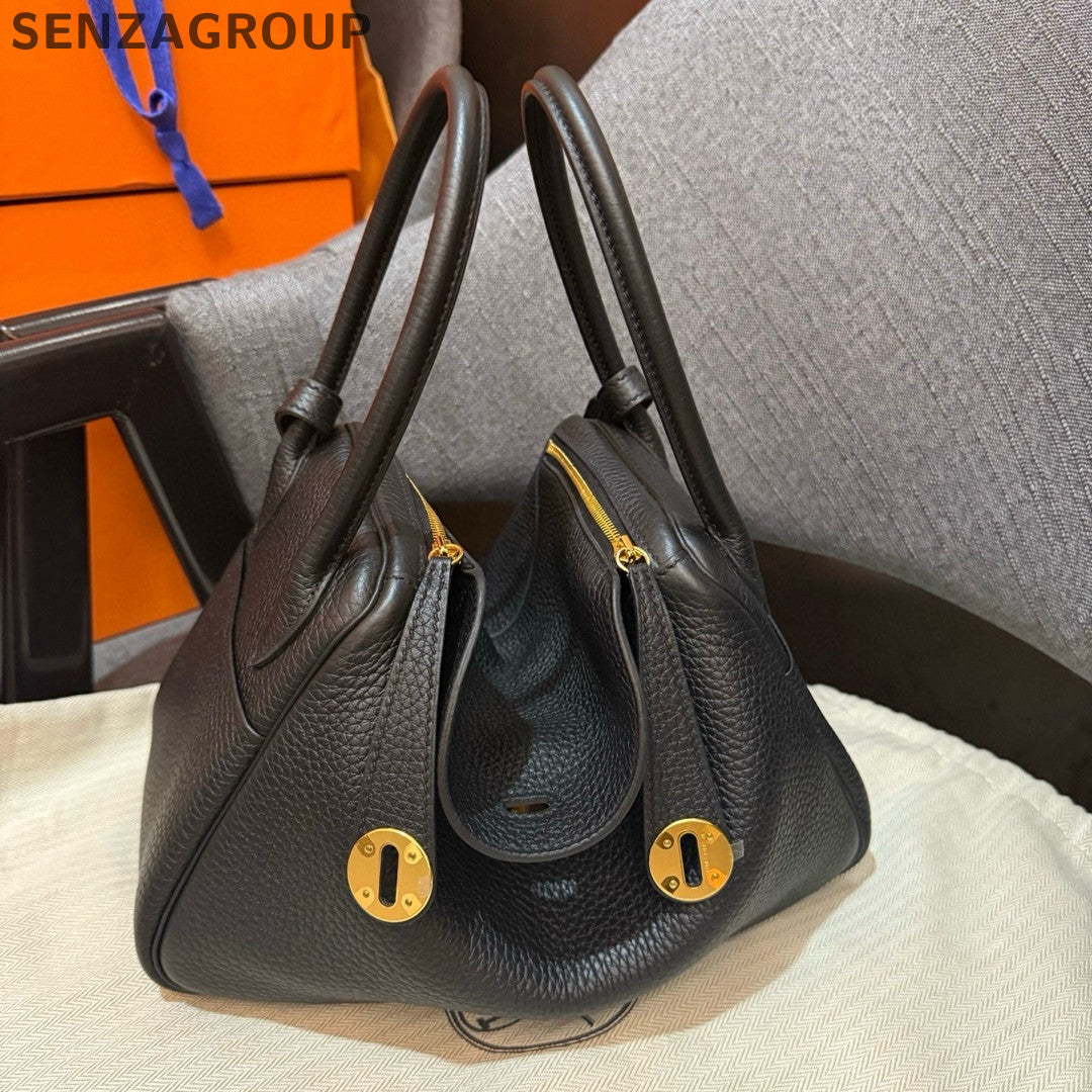 Hermes Lindy 26 Bag Black Gold Togo Leather Handbag Shoulder Bag Women