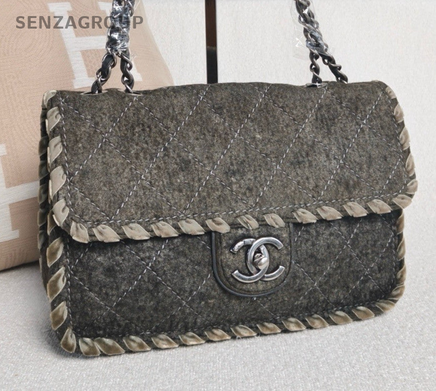 Chanel Classic Flap Velvet Woven Chain Shoulder Bag Crossbody Black Silver Women