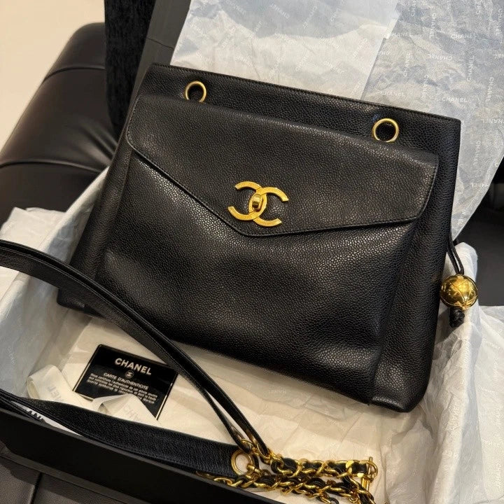 Chanel Calfskin Chain Shoulder Bag Black Gold Used Women Classic D