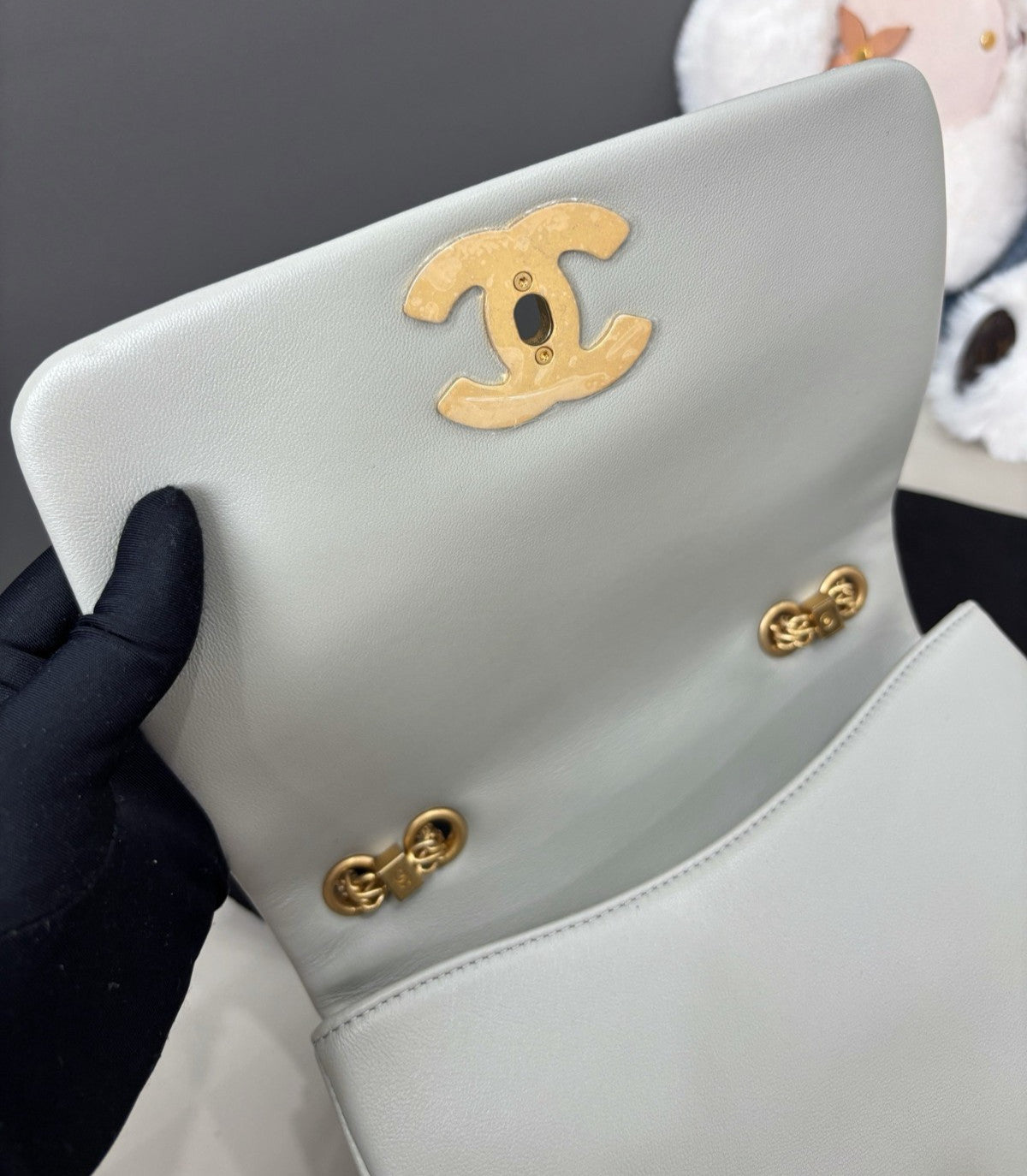 Chanel Diamond Double Chain Shoulder Bag Gray Gold Women Classic Fashion