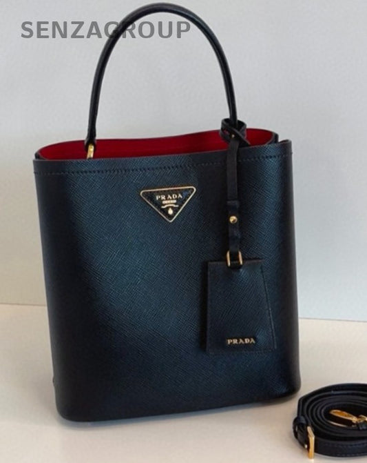 Prada Panier Saffiano Calfskin MM Top Handle Bag Crossbody Black Red Gold Women