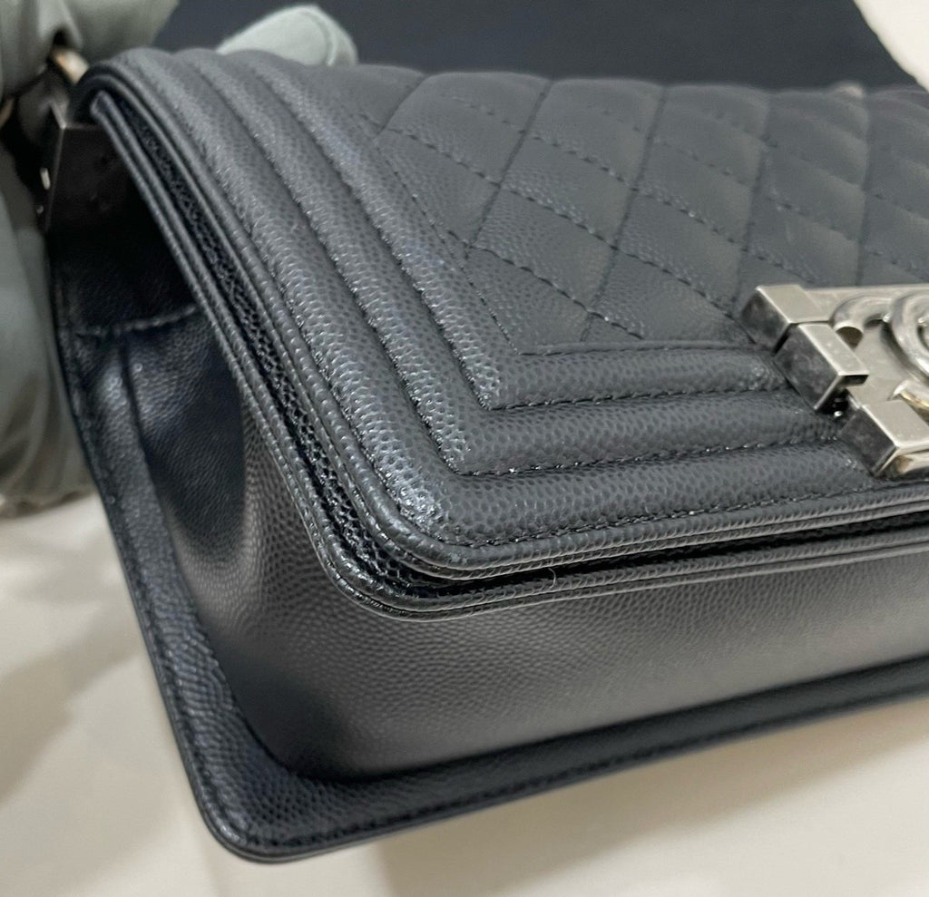 Chanel Leboy PM Calfskin Chain Shoulder Bag Black Silver Women Diamond Classic