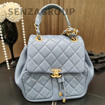 Chanel Quilted Chain Backpack Blue Gold Hardware Classic Fashion Women