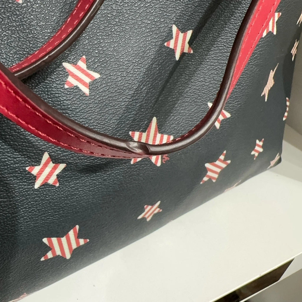 Coach City 33 Reversible Star Print Leather Tote Shoulder Bag Women Navy