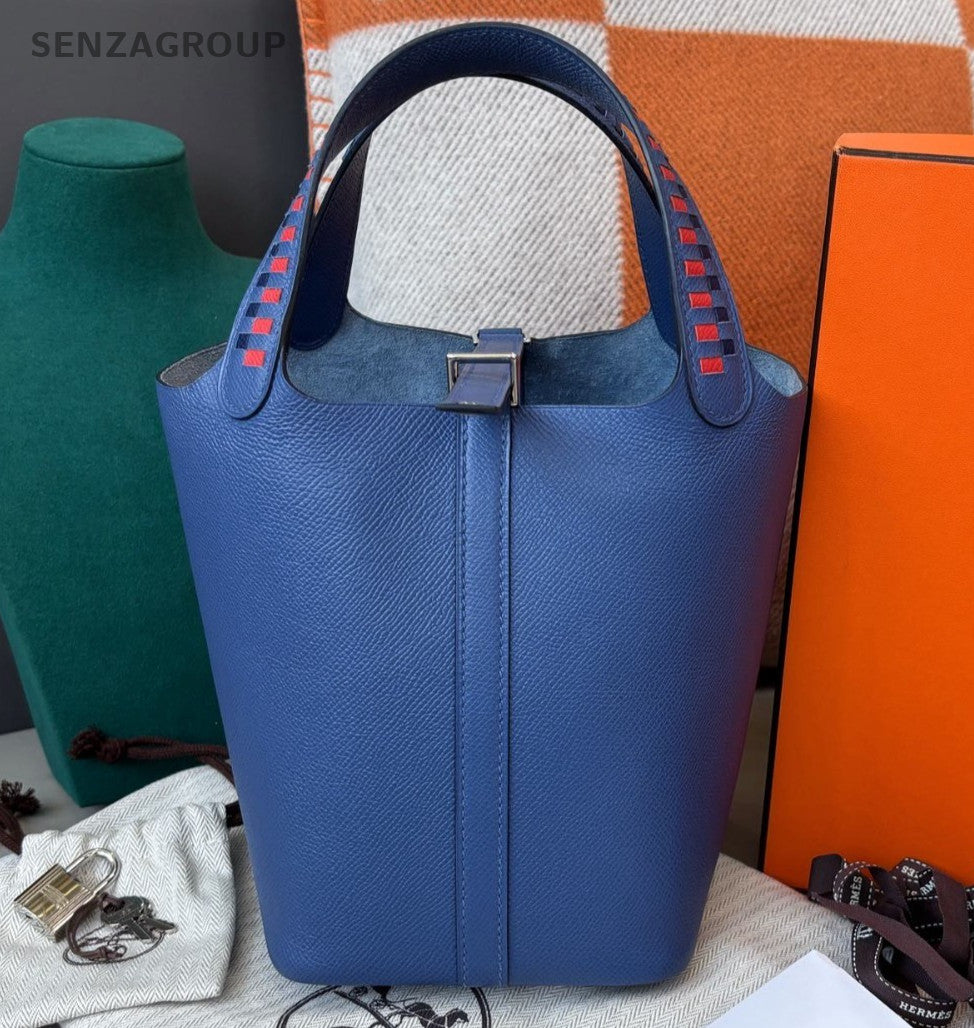 Hermes Picotin18 Epsom Top Handle Bag Blue Silver Used Women Classic