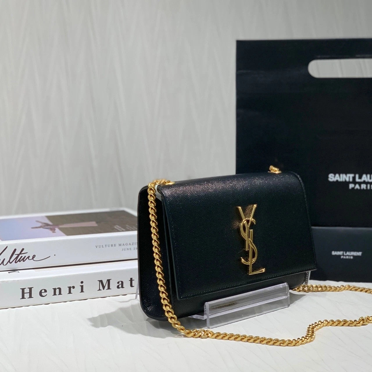 YSL Black Gold Leather Chain Shoulder Crossbody Bag For Women