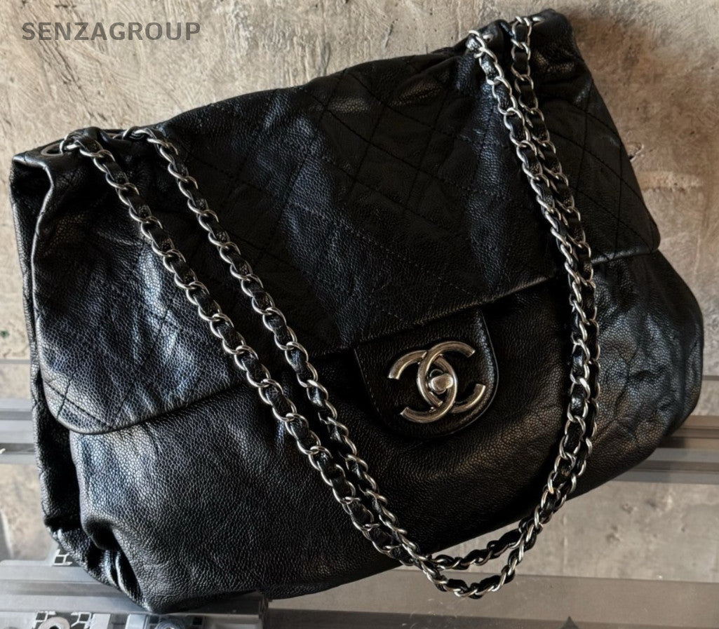 Chanel Calfskin Chain Shoulder Bag Black Silver Used Women Classic Vintage