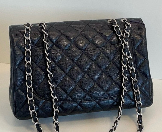Chanel Classic Flap Jumbo Chain Shoulder Bag Black Silver Women Diamond Designer