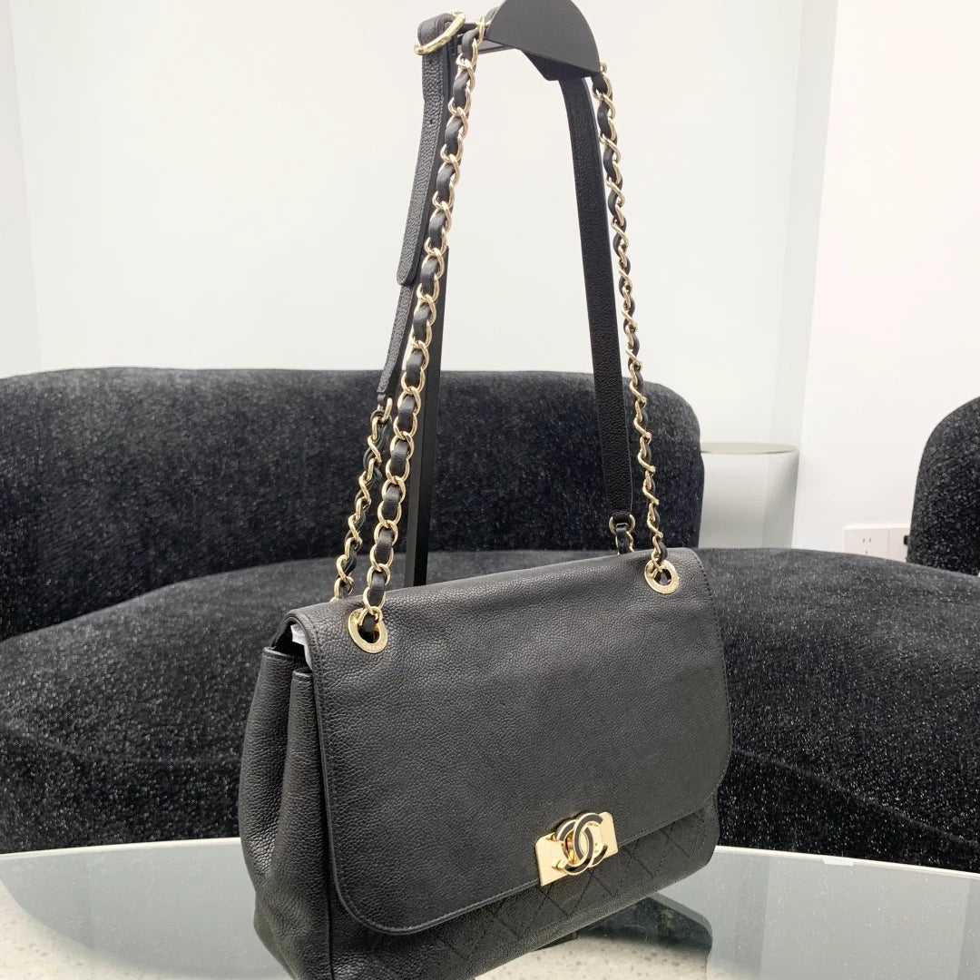 Chanel Calfskin Chain Shoulder Crossbody Bag Black Gold Women Classic S