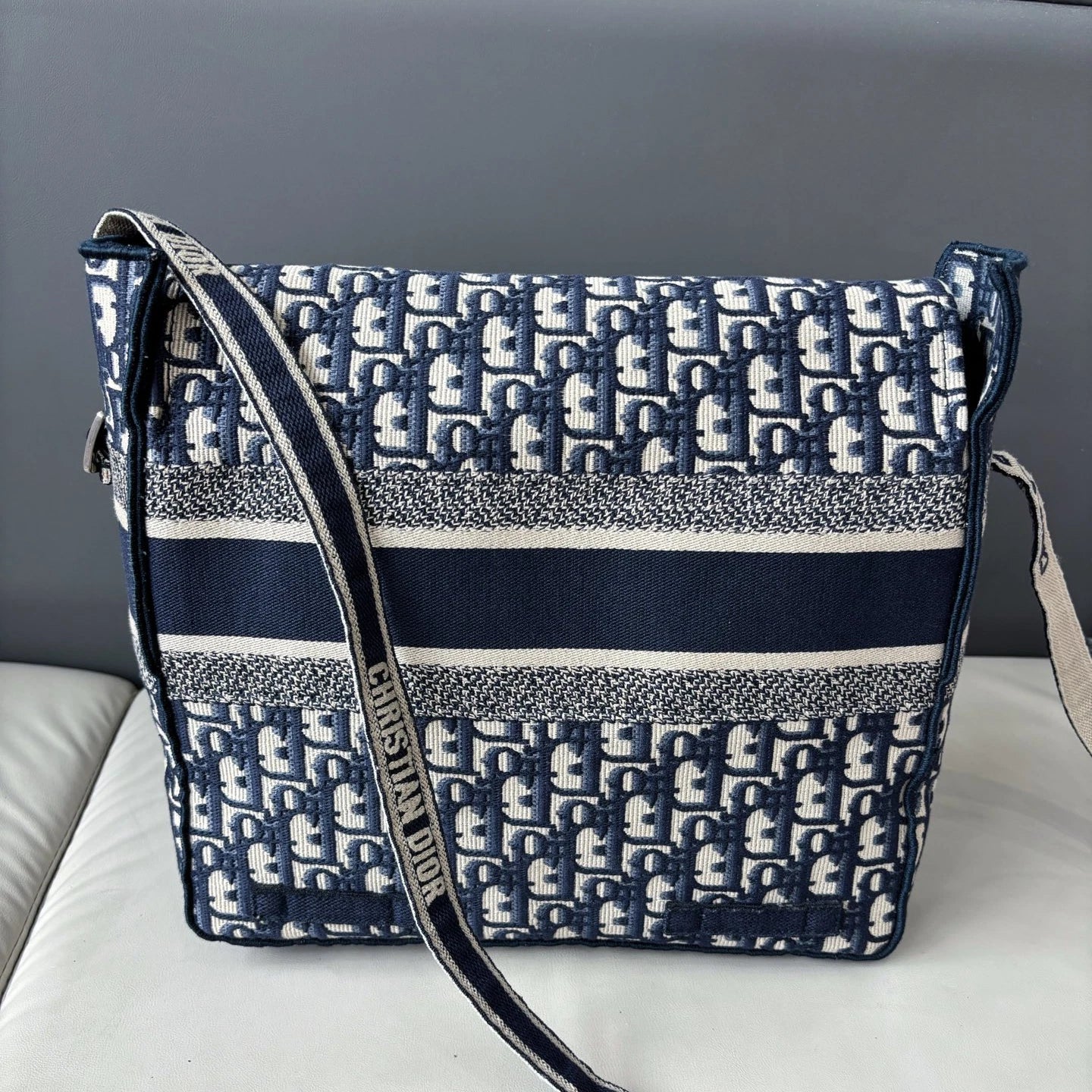 Excellent Christian Dior Camp Messenger Bag Blue Oblique Canvas Shoulder Bag