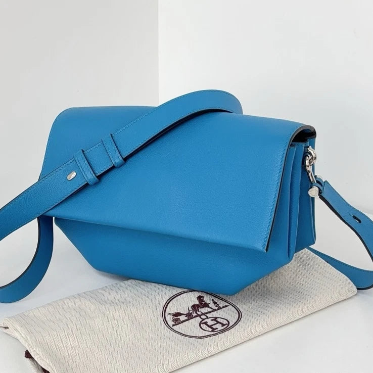 Excellent Hermes Opli24 Messenger Bag Blue Shoulder Bag Silver Hardware