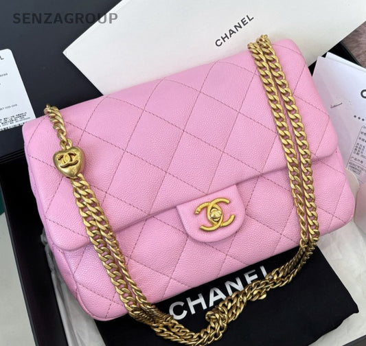 Chanel Classic Flap Calfskin Chain Shoulder Bag Pink Gold Diamond Women Fashion