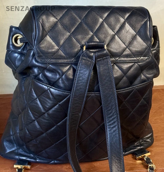 Chanel Vintage Lambskin Backpack Black Gold Unisex Adults Classic