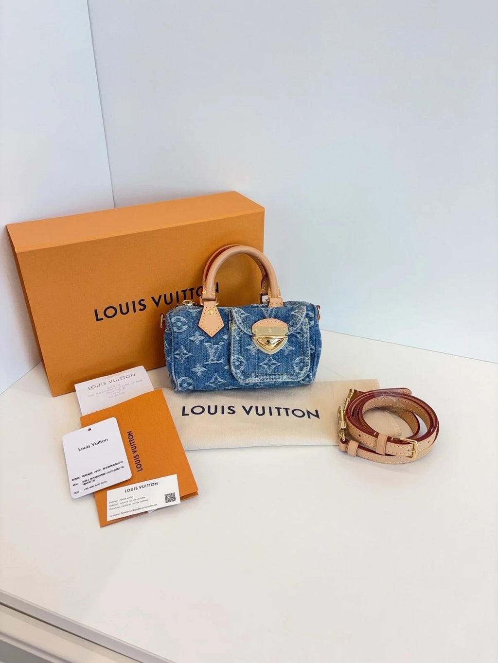 Louis Vuitton Speedy Nano Handbag Women's Crossbody Bag Blue Denim Monogram