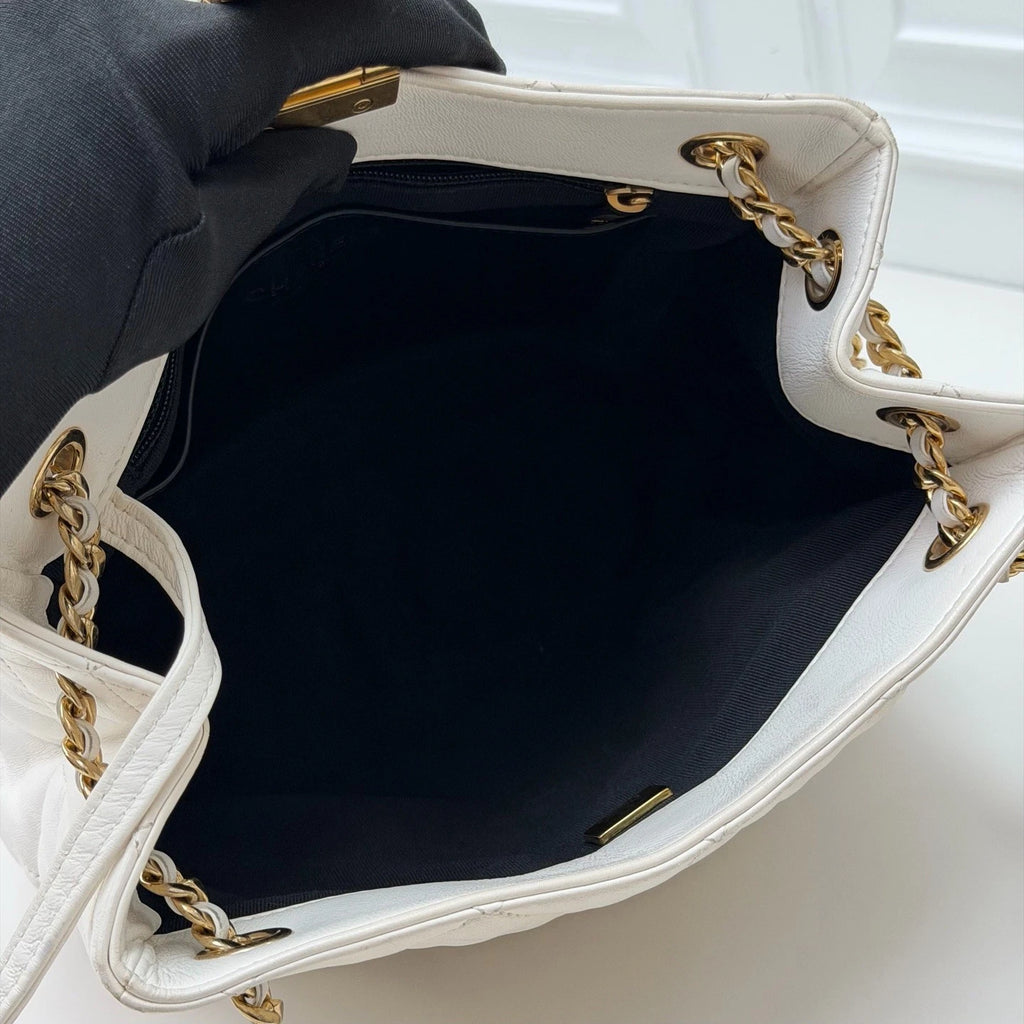 Chanel Quilted Lambskin Small Bucket Bag Shoulder Bag White with Enamel CC Logo