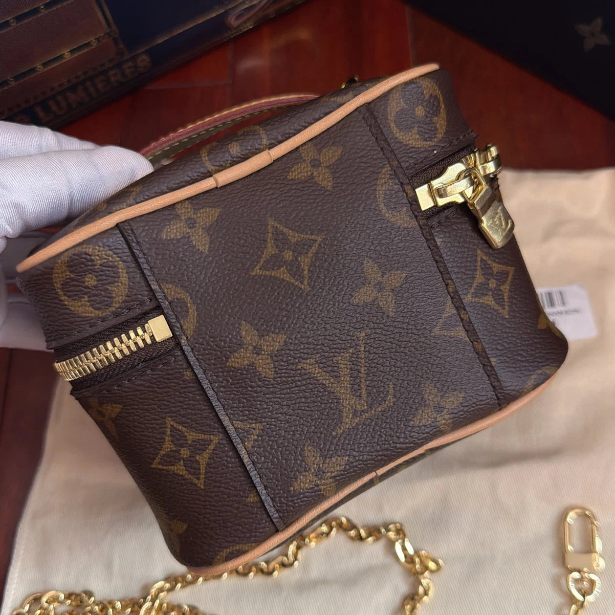 Louis Vuitton Monogram Nano Chain Top Handle Crossbody Brown Gold Women