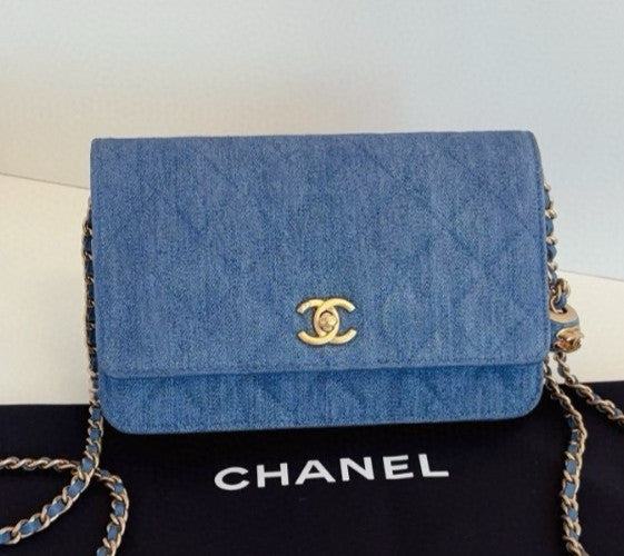 Chanel WOC Denim Chain Shoulder Bag Crossbody Blue Gold Women Classic Fashion