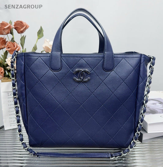 Chanel Calfskin Tote Handbag Chain Shoulder Bag Blue Silver Women Classic