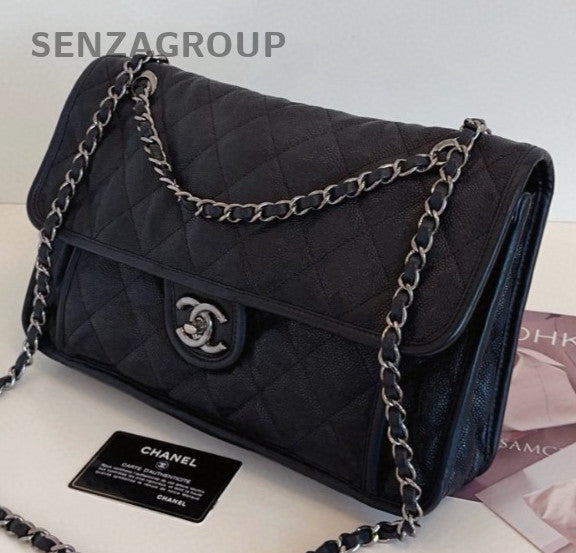 Chanel Jumbo Double Chain Calfskin Shoulder Bag Black Silver Women Classic