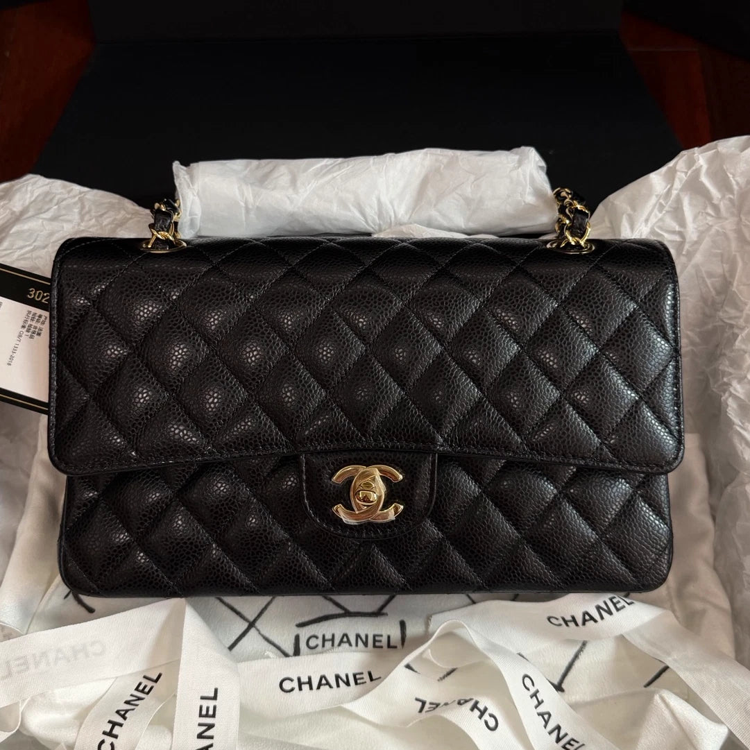 New Chanel Classic Flap MM Calfskin Chain Black Shoulder Bag Crossbody GHW