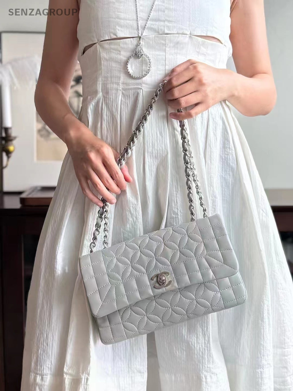 Chanel Classic Flap Four-leaf Clover Series Chain Shoulder bag Gray Silver
