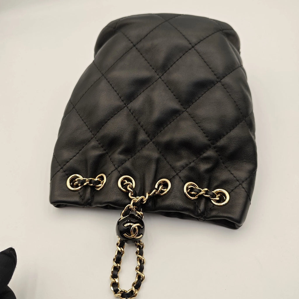 CHANEL Mini Black Gold Hardware Bucket Drawstring Backpack For Women