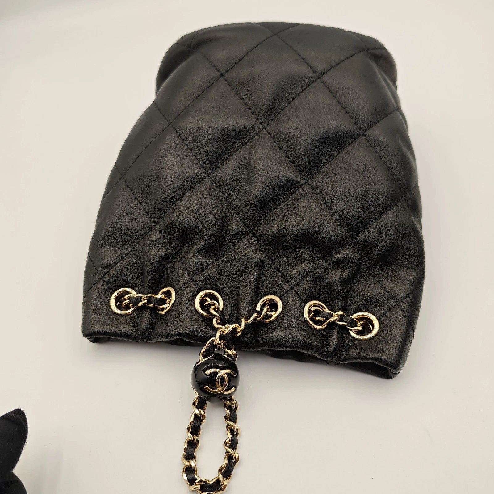 CHANEL Mini Black Gold Hardware Bucket Drawstring Backpack For Women