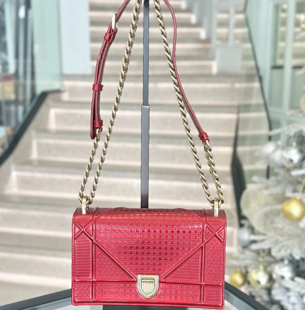 Christian Dior Diorama PM Chain Calfskin Shoulder Bag Crossbody Bag Red Women S