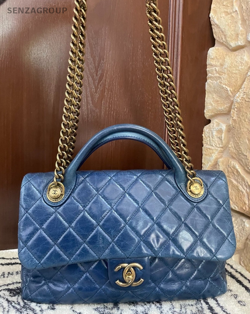 Chanel Flap Bag Calfskin Top Handle Bag Chain Crossbody Blue Gold Women Fashion