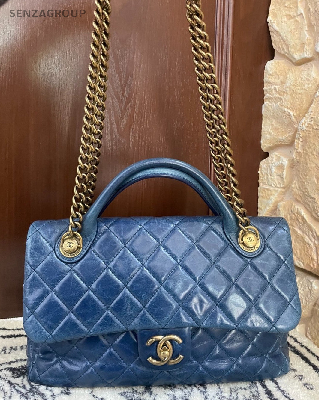 Chanel Flap Bag Calfskin Top Handle Bag Chain Crossbody Blue Gold Women Fashion