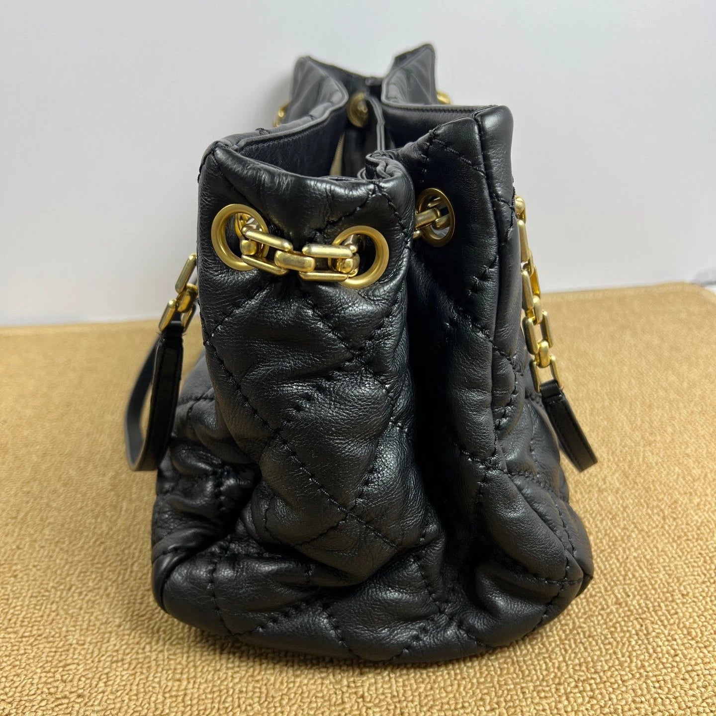 Chanel Diamond Tote Chain Shoulder Bag Black Gold Used Women Classic