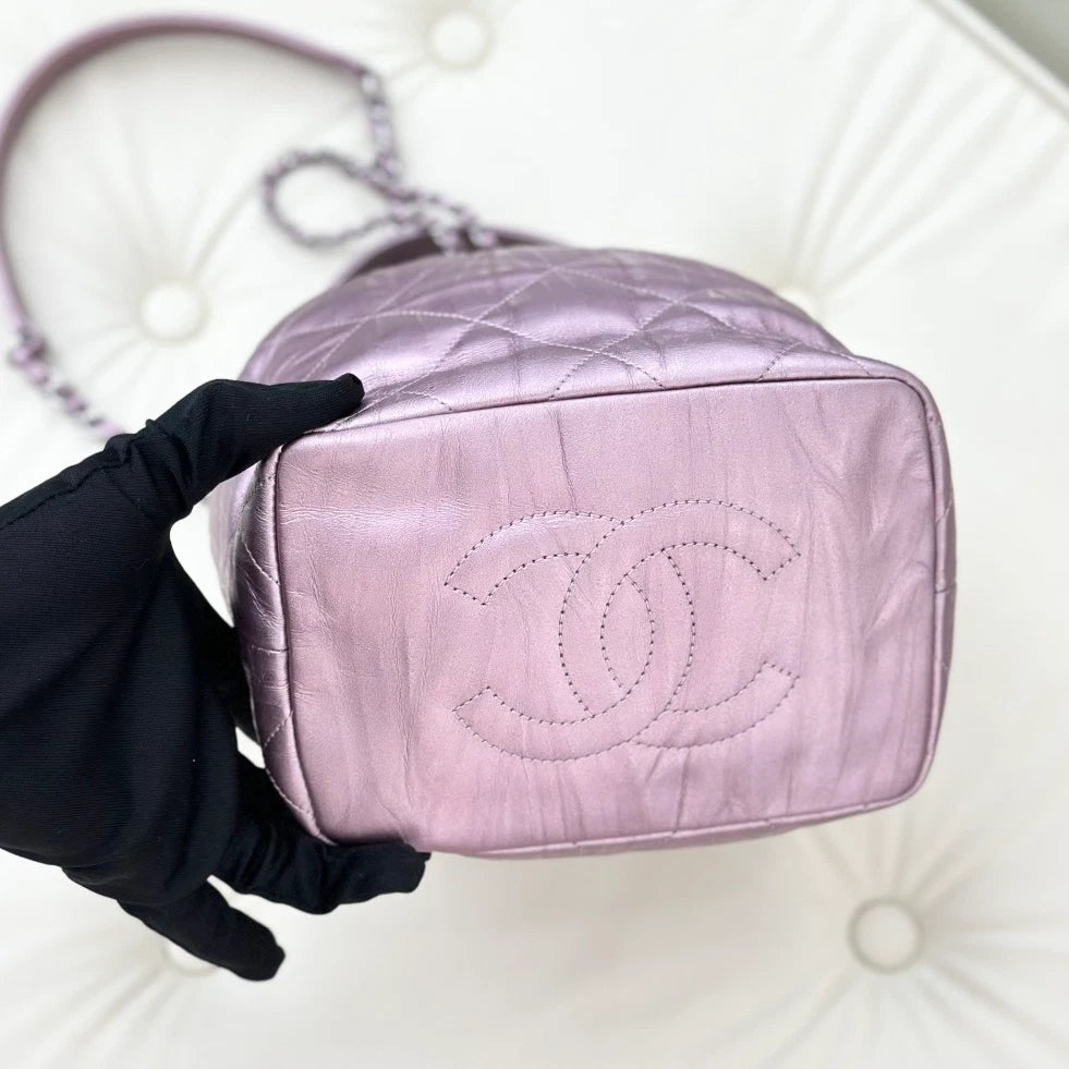 Chanel Calfskin Bucket Chain Shoulder Crossbody Bag Purple Silver Women S