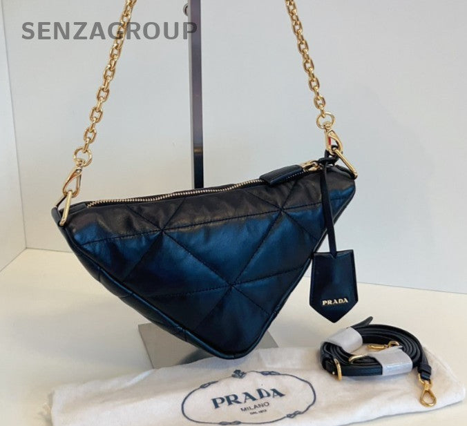 PRADA Puff Diamond pattern All Leather Chain 2way Shoulder Handbag Women black