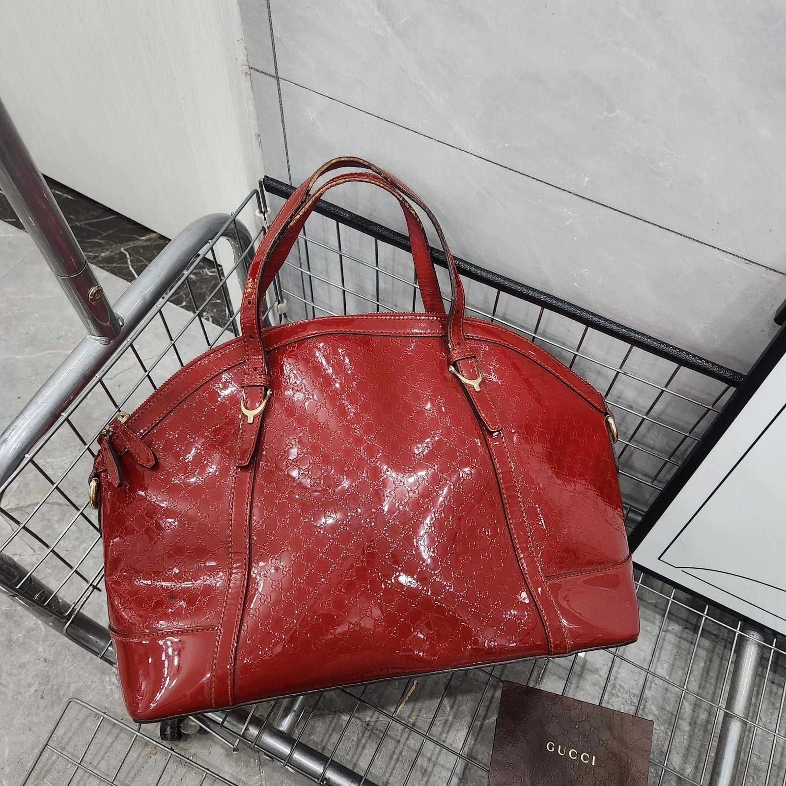 Gucci Red Patent Monogram Shell Handbag For Women